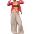 thumbnail image 1 of Women Casual Solid Color Drawstring Wide Leg Pants Autumn Loose Flowy Low Waisted Cinch Bottom Jogging Athletic Trousers, 1 of 8