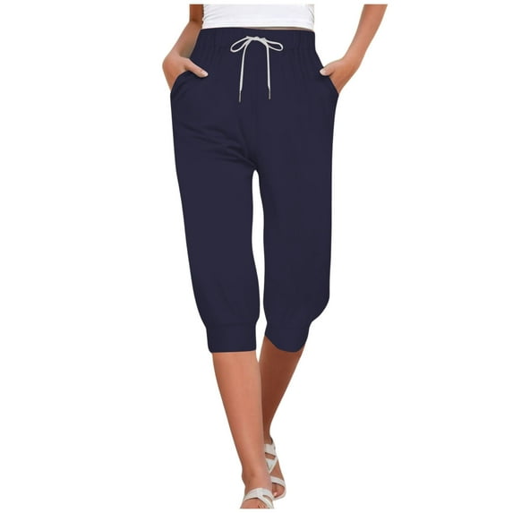 Women Casual Solid Color High Waist Capris - Polyester, Drawstring Design, Comfortable Fit, S-XXL, Suitable for All Occasions