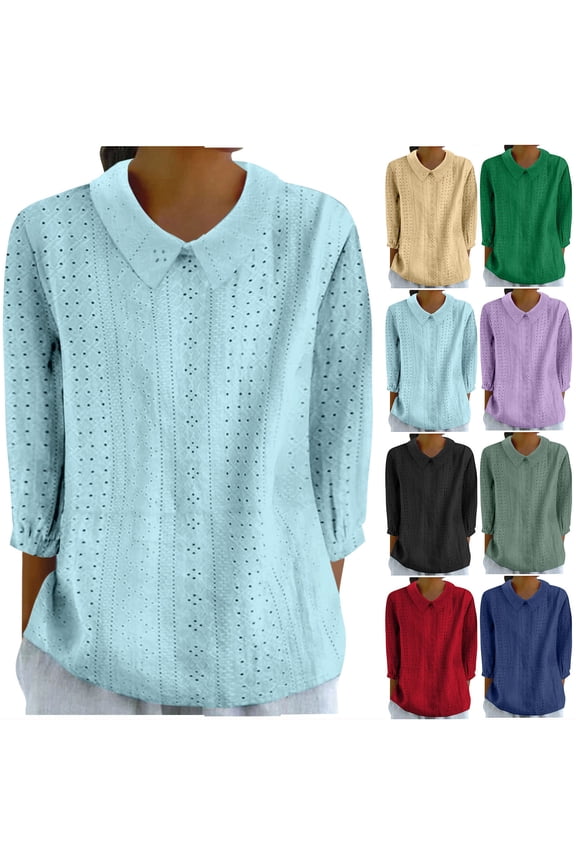 Women Casual Solid Color Lapel 3/4 Sleeve Shirt Blouse Top, Loose Fit Button Down Tunic, Business Office Work Professional Attire | CSEONE,Red XL