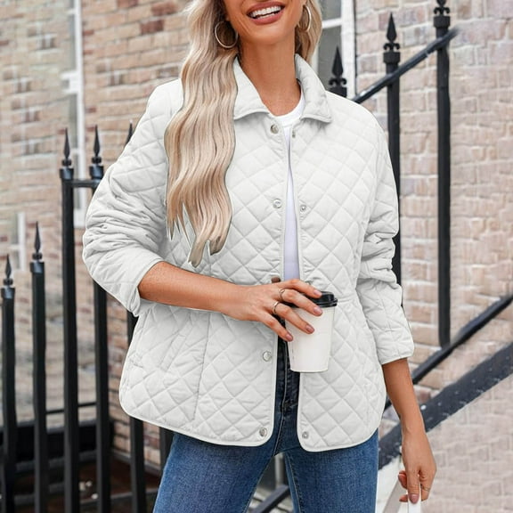 Women Casual Solid Color Lapel Long Sleeve Quilted Jacket Hidden Buttons for Everyday Wear or Outdoor Activities