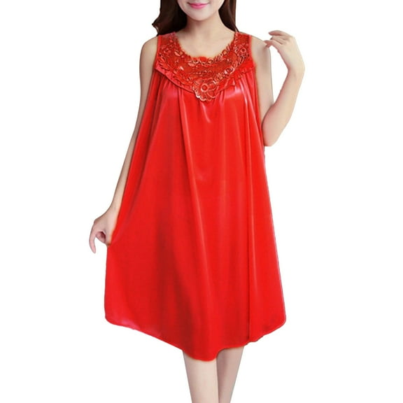 Women Casual Solid Color Sleep Dress Nightgown Nightdress Sleeveless Round Neck Lace Splice Pullover Loose Nightwear Sleepwear Night-clothes Pajamas Nighty