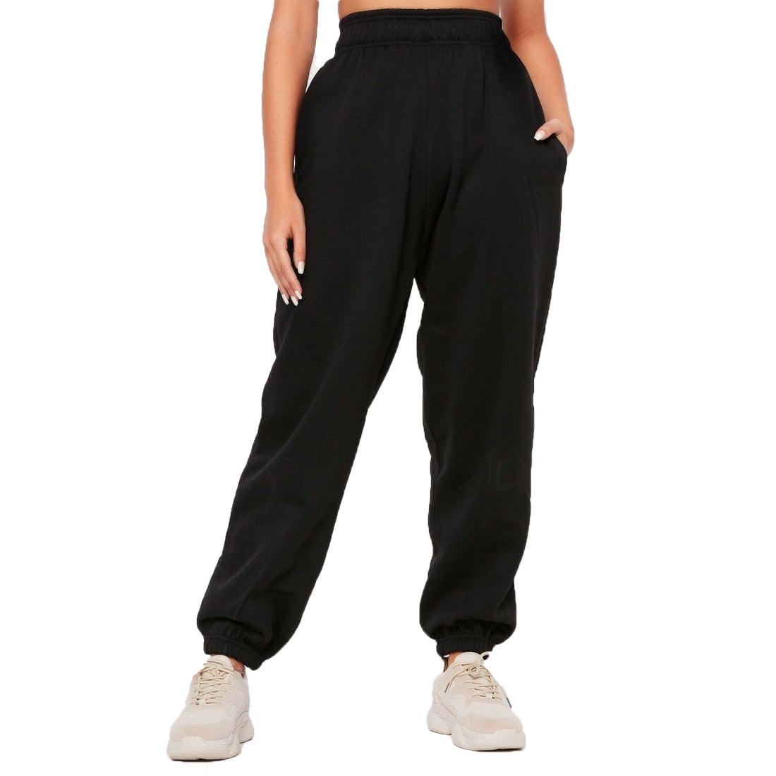 Women Casual Solid Color Sport Pants, Elastic Waist Ankle Cuff