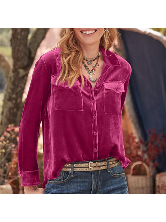 Women Casual Solid Color Tops Ladies Loose Button Down Shirts Retro Top Button down Shirt for Women Three Quarter Length Sleeve Tops for Women Long Sleeve Softball Shirts plus Size Colla Shirt Poplin