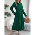 thumbnail image 1 of Women Casual Solid Color Turn-Down Collar Long Dresses Button Flare Sleeves Hundred Pleats Dress, 1 of 7