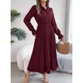 thumbnail image 1 of Women Casual Solid Color Turn-Down Collar Long Dresses Button Flare Sleeves Hundred Pleats Dress, 1 of 6
