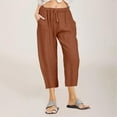 thumbnail image 1 of Women Casual Solid Cotton Linen Drawstring Elastic Waist Wide Leg Pants Cropped Trousers, 1 of 6