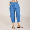 thumbnail image 1 of Women Casual Solid Cotton Linen Drawstring Elastic Waist Wide Leg Pants Cropped Trousers, 1 of 5