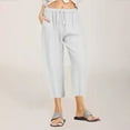 thumbnail image 1 of Women Casual Solid Cotton Linen Drawstring Elastic Waist Wide Leg Pants Cropped Trousers, 1 of 6