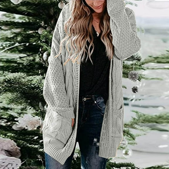 Women Casual Solid Crochet Sweater Cardigan Loose Long Sleeve Pocket Long Coat Sweater Coats for Women Knee Length Button Front Womens Sweaters under 20 Wool Coat Women Long Hooded Cardigans