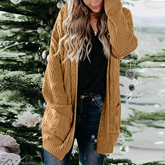 Women Casual Solid Crochet Sweater Cardigan Loose Long Sleeve Pocket Long Coat Sweater Coats for Women Knee Length Button Front Womens Sweaters under 20 Wool Coat Women Long Hooded Cardigans