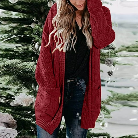 Women Casual Solid Crochet Sweater Cardigan Loose Long Sleeve Pocket Long Coat Sweater Coats for Women Knee Length Button Front Womens Sweaters under 20 Wool Coat Women Long Hooded Cardigans