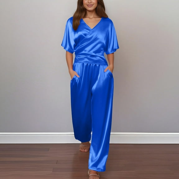 Women Casual Solid Half Sleeve Shirt Belt Contrast Pocket Drawstring Trousers Pants Set Womens Dress Pants plus Size Suit for Women Dressy Pants Suits Work Out Outfits Women's plus Suits Womens