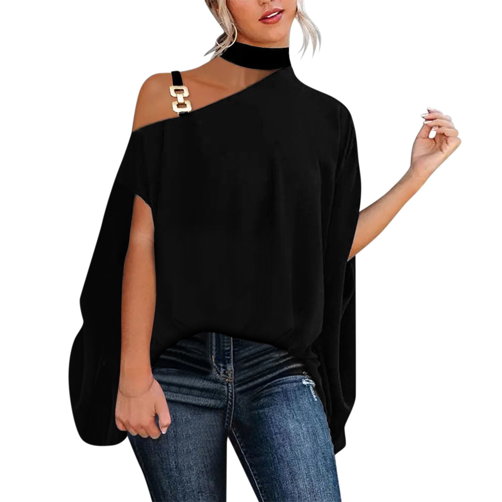Women Casual Solid Halter Neck Button Strap Cold Shoulder Irregular Short Sleeves Shirt Blouse Top Flannel Shirt Women plus Women Button down Shirt And Blouse Walmart