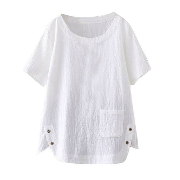 Women Casual Solid Linen Button Short Sleeve Pocket Shirt Blouse Loose Top