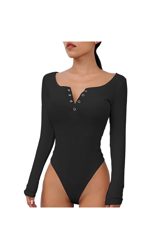 Women Casual Solid Long Sleeve Bodysuit Shirt V Neck Knit Button Sexy Jumpsuit