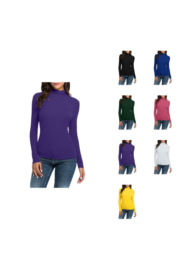 Women Casual Solid Long Sleeve Mock Turtleneck Blouse Tops Slim Fit Stretchy Layer Tee Shirts Character count: 84/199