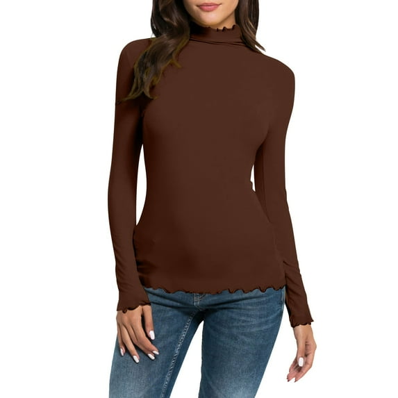 Women Casual Solid Long Sleeve Mock Turtleneck Blouse Tops Slim Fit Stretchy Layer Tee Shirts