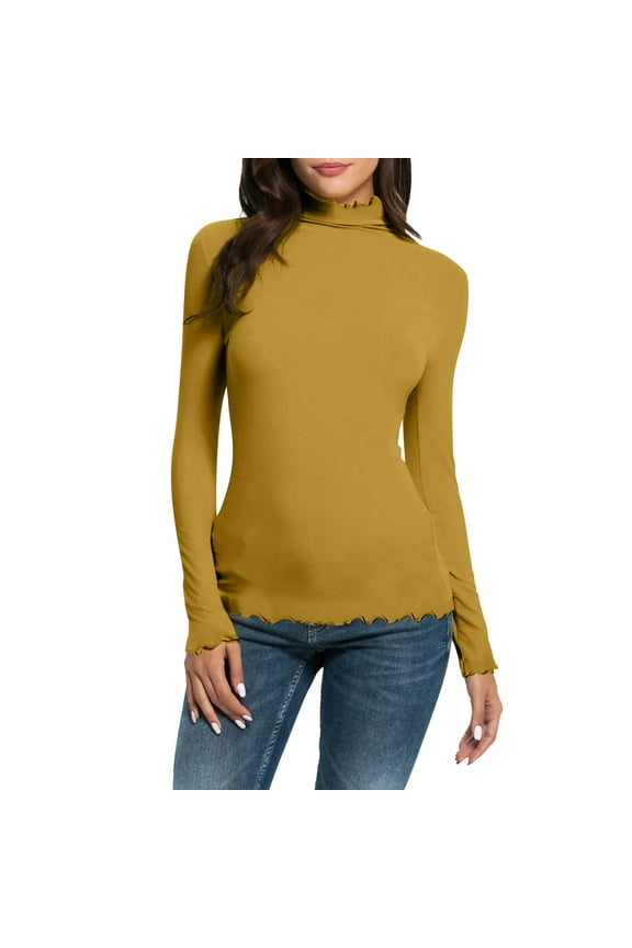Women Casual Solid Long Sleeve Mock Turtleneck Blouse Tops Slim Fit Stretchy Layer Tee Shirts