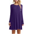 thumbnail image 1 of Women Casual Solid Long Sleeve Round Neck Loose Dress Ruffle Mini Dress, 1 of 5