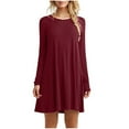 thumbnail image 1 of Women Casual Solid Long Sleeve Round Neck Loose Dress Ruffle Mini Dress, 1 of 6