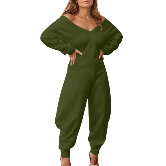 Women Casual Solid Long Sleeve Solid Jumpsuit V Neck Outfit Trousers Jumpsuits