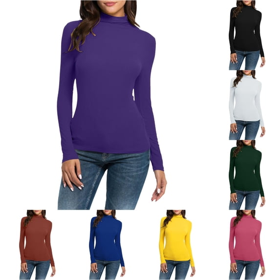 Women Casual Solid Long Sleeve Turtleneck Blouse Tops Slim Fit Stretchy Layer Tee Shirts Womens Long Sleeve T Shirts Pack L
