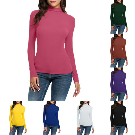 Women Casual Solid Long Sleeve Turtleneck Blouse Tops Slim Fit Stretchy Layer Tee Shirts Womens Long Sleeve T Shirts Pack S