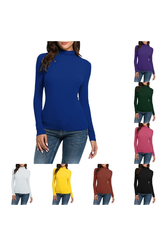 Women Casual Solid Long Sleeve Turtleneck Blouse Tops Slim Fit Stretchy Layer Tee Shirts Womens Long Sleeve T Shirts Pack XL