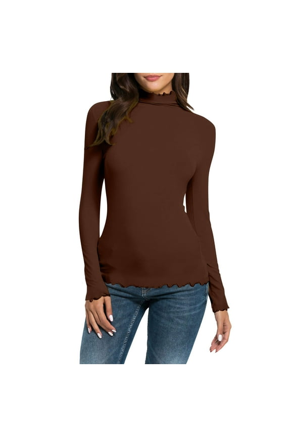 Women Casual Solid Long Sleeve Turtleneck Blouse Tops Slim Fit Stretchy Layer Tee Shirts