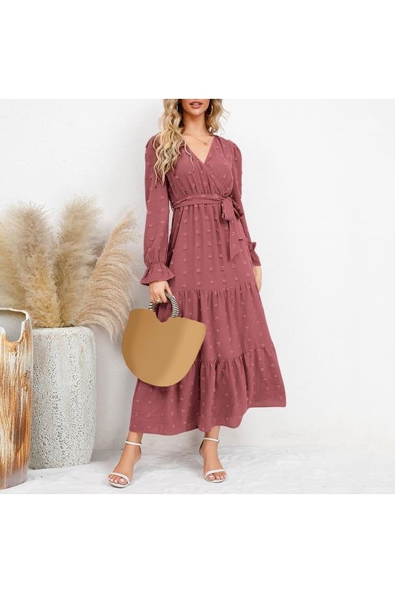 Women Casual Solid Maxi Dress V Neck Large Swing Dress Belt Long Sleeve Long Wedding Party Dresses plus Maxi Dress Summer Dress Casual Mini Dress Womens Work Dresses Business Casual Wrap Dress Summer