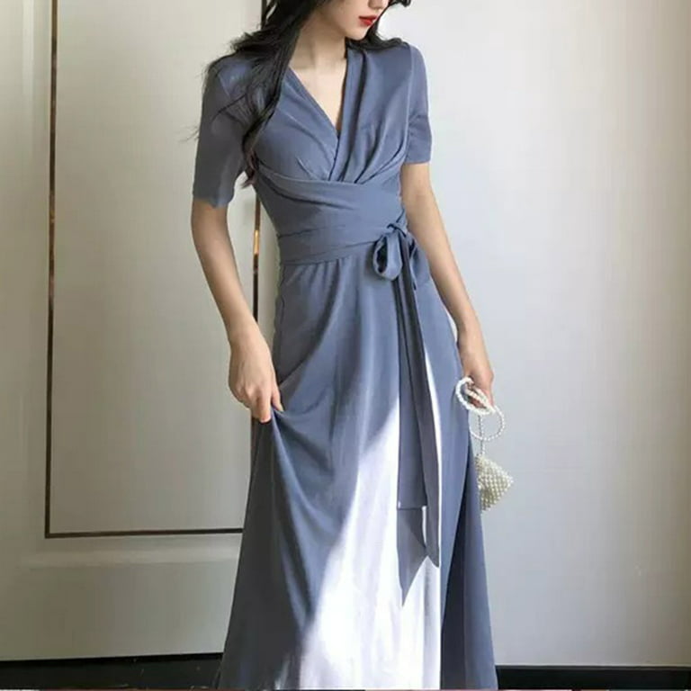Women Casual Solid One Piece Dress V Neck Short Sleeve Ankle Long Dress  Blue L