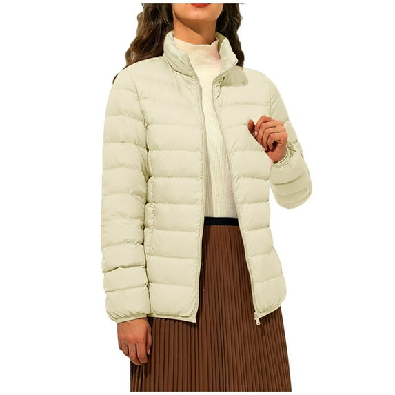 Women Casual Solid Puffer Jacket Outdoor Plus Size Windproof Elegant Workwear Loose Fit Winter Coat(Beige,L)