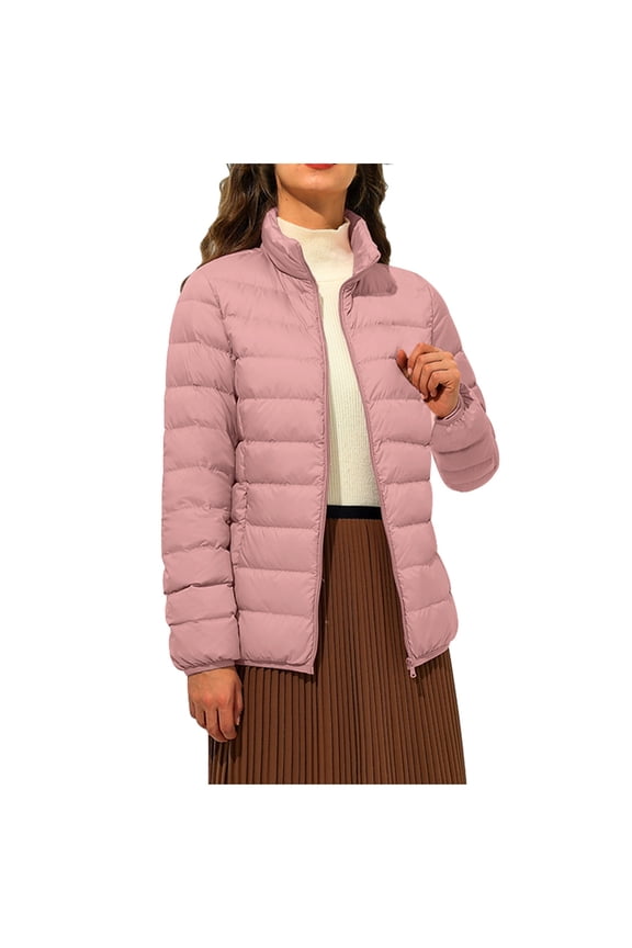 Women Casual Solid Puffer Jacket Outdoor Plus Size Windproof Elegant Workwear Loose Fit Winter Coat(Pink,L)