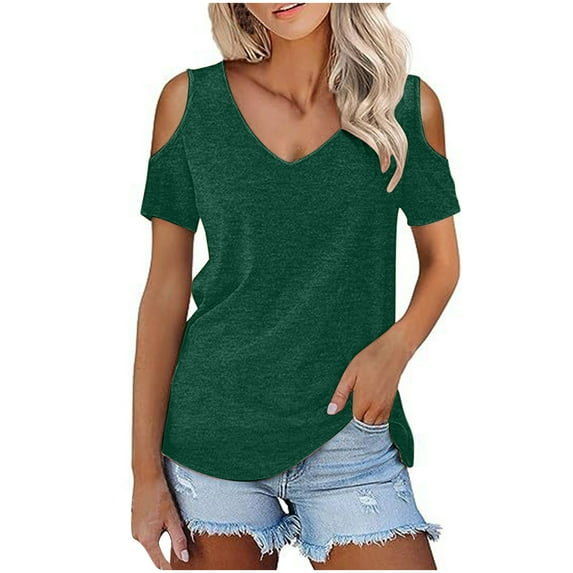 Women Casual Solid Short Sleeve Cold Shoulder Stitching Round Neck Pullover Blouse T-Shirt Tops