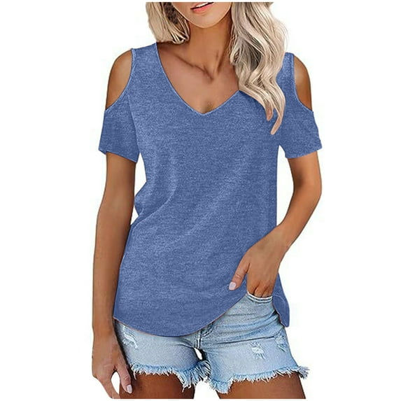 Women Casual Solid Short Sleeve Cold Shoulder Stitching Round Neck Pullover Blouse T-Shirt Tops