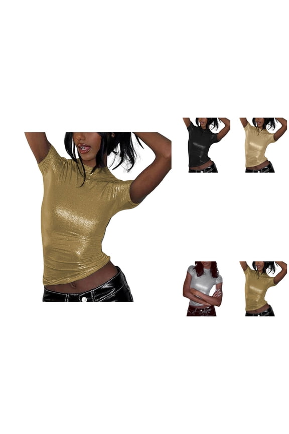 Women Casual Solid Short Sleeve Round Neck Crop Top, Pleated Fit Blouse, Summer Skimpy Cute Trendy Loose Cropped T-Shirt for Going Out Sports Casual