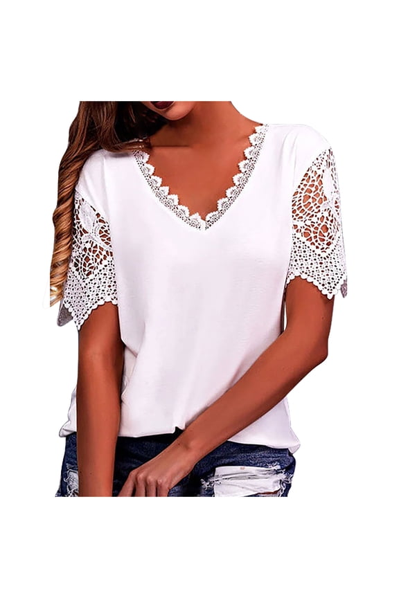 Women Casual Solid Short Sleeve V-Neck Lace Stitching Pullover Blouse T-Shirt Tops