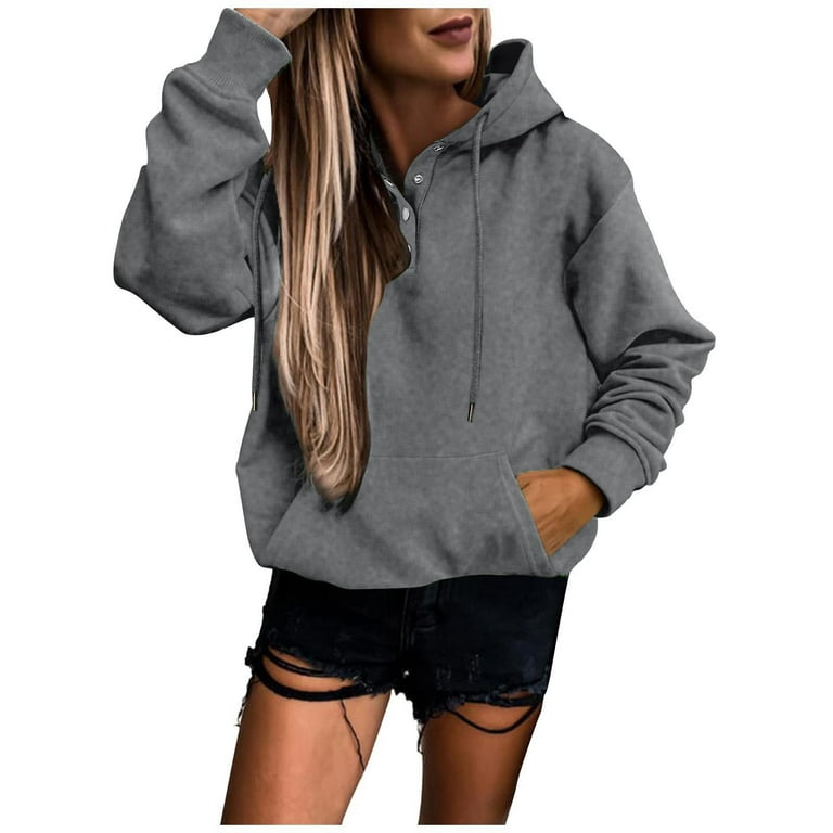 Women Casual Solid Sweatshirt Pocket Hooded Strap Long Sleeve Loose Top  Hoodie Casual 