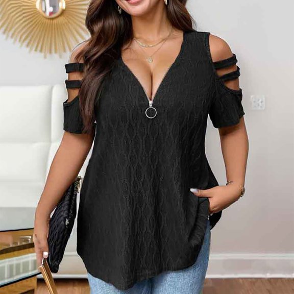 Women Casual Solid T Shirt Short Sleeve Zipper V Neck Shirt Loose Cold Shoulder Blouse Pleated Tops Womens Long Sleeved Tee Shirt Womens T Shirts Turtle Neck Top Pack for Women Womens Long Sleeve Tee