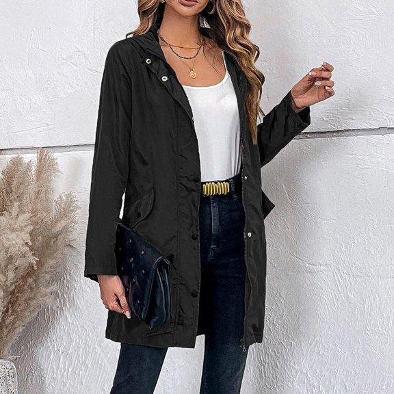 Women Casual Solid Zipper Coat Long Sleeve Coat Hooded Pocket Loose Windbreak Coat Women Jacket Fall Lined Rain Coats for Women Women Wind Rain Jacket Thin Jacket Women Rain Jacket for Women Hiking
