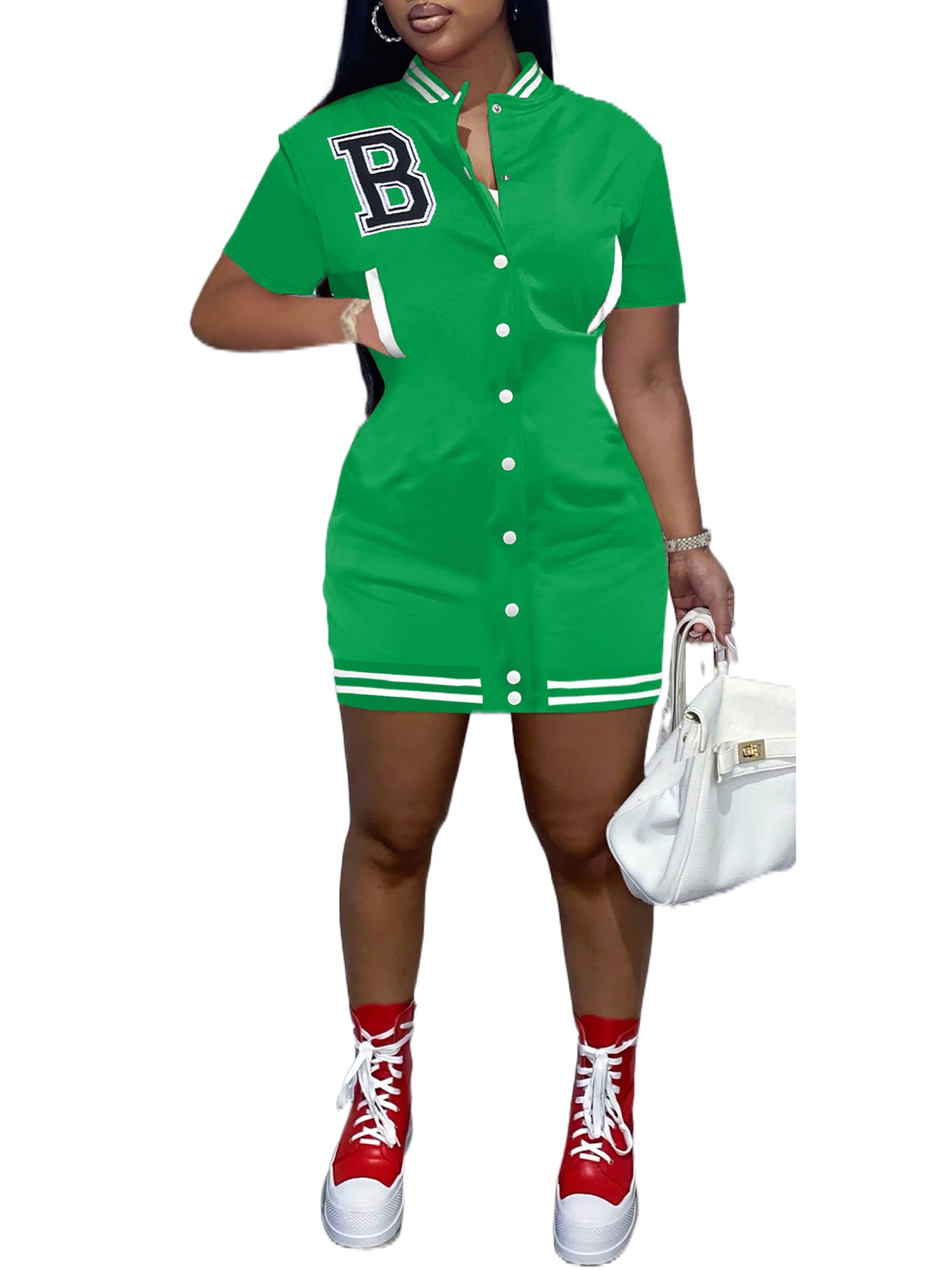 Women Casual Sports Baseball Varsity Jacket Dress Short Sleeve Snap Button  Down Bodycon Short Mini Dress 