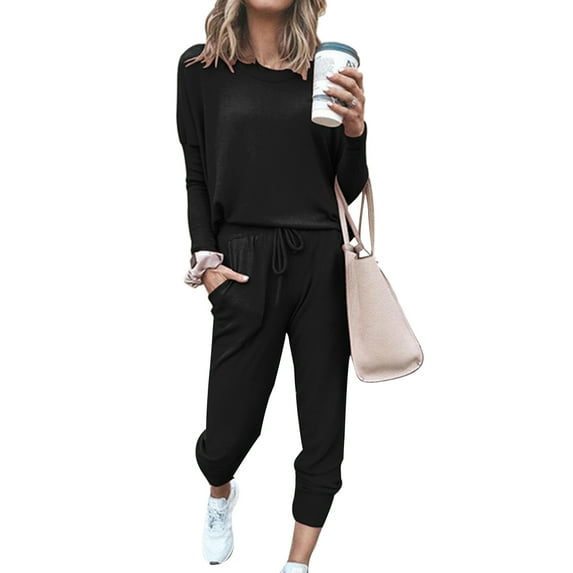 Women Casual Sportswear Set Solid Color Long Sleeve Pullover+Drawstring Pants Spring Tracksuit Set Streetwear