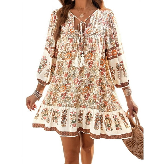 Women Casual Spring Summer Dresses V Neck 3/4 Long Sleeve Floral Flowy Boho Babydoll Mini Short Beach Dress L