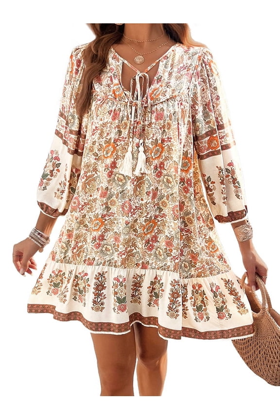 Women Casual Spring Summer Dresses V Neck 3/4 Long Sleeve Floral Flowy Boho Babydoll Mini Short Beach Dress M
