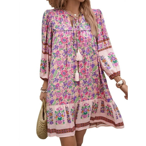 Women Casual Spring Summer Dresses V Neck 3/4 Long Sleeve Floral Flowy Boho Babydoll Mini Short Beach Dress Pink XL