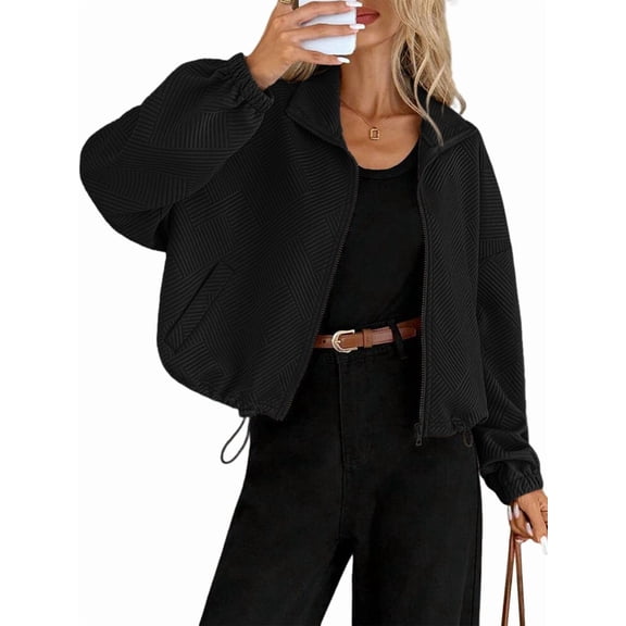 Women Casual Stand Collar Zip Up Fashion Hem Drawstring Pocket Loose Baseball Jacket with Pockets Black L