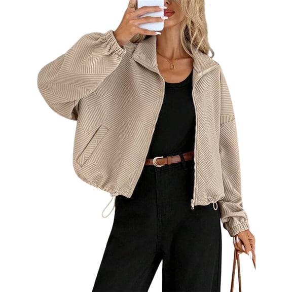 Women Casual Stand Collar Zip Up Fashion Hem Drawstring Pocket Loose Baseball Jacket with Pockets Khaki L