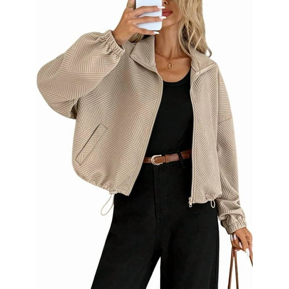 Women Casual Stand Collar Zip Up Fashion Hem Drawstring Pocket Loose Baseball Jacket with Pockets Khaki M