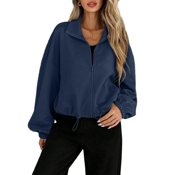 Women Casual Stand Collar Zip Up Fashion Hem Drawstring Pocket Loose Baseball Jacket with Pockets Navy Blue L