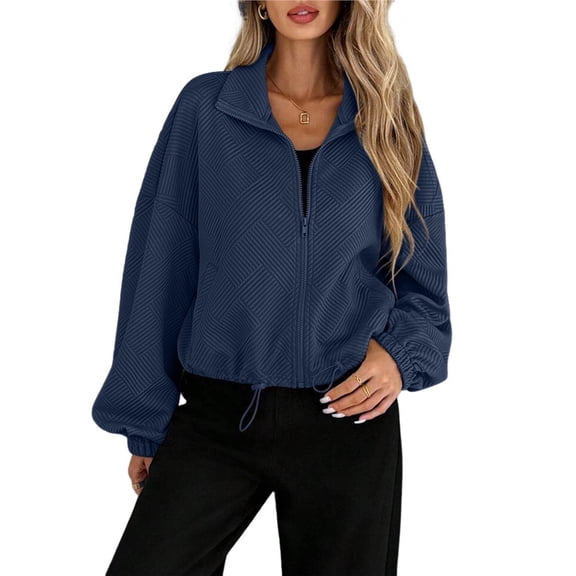 Women Casual Stand Collar Zip Up Fashion Hem Drawstring Pocket Loose Baseball Jacket with Pockets Navy Blue S